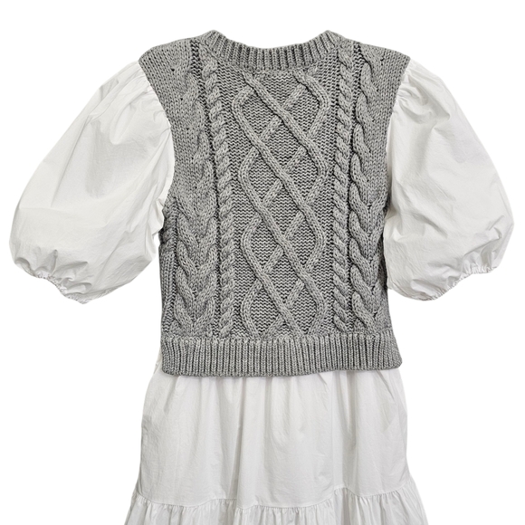 Anthropologie English Factory Wht/Gray Cable Knit Puff Sleeve Tier Ruffle Dress - Picture 11 of 17